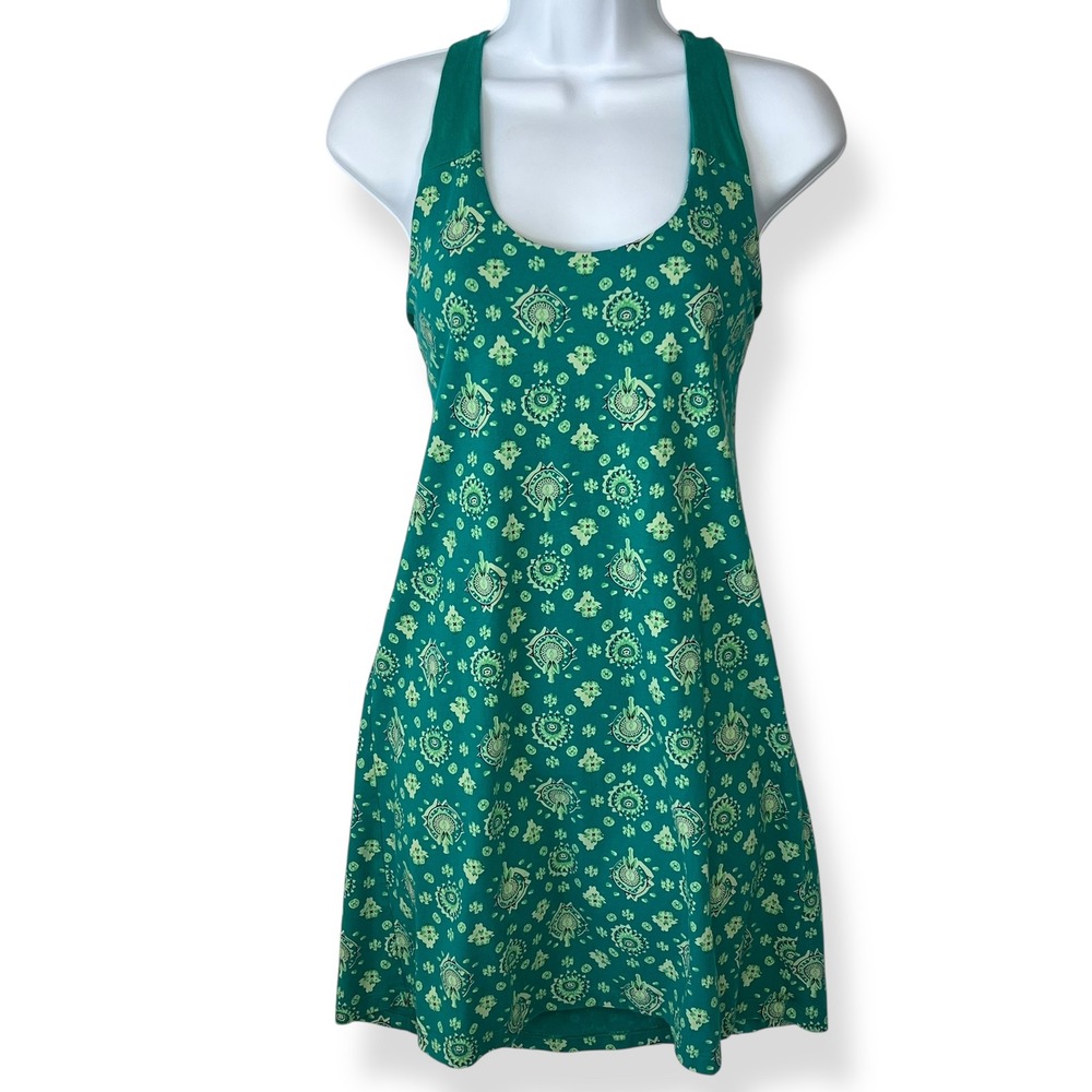 Patagonia M Dress Green Medallion Halter Neck Mini Kamala Tie Back Jersey Cotton
